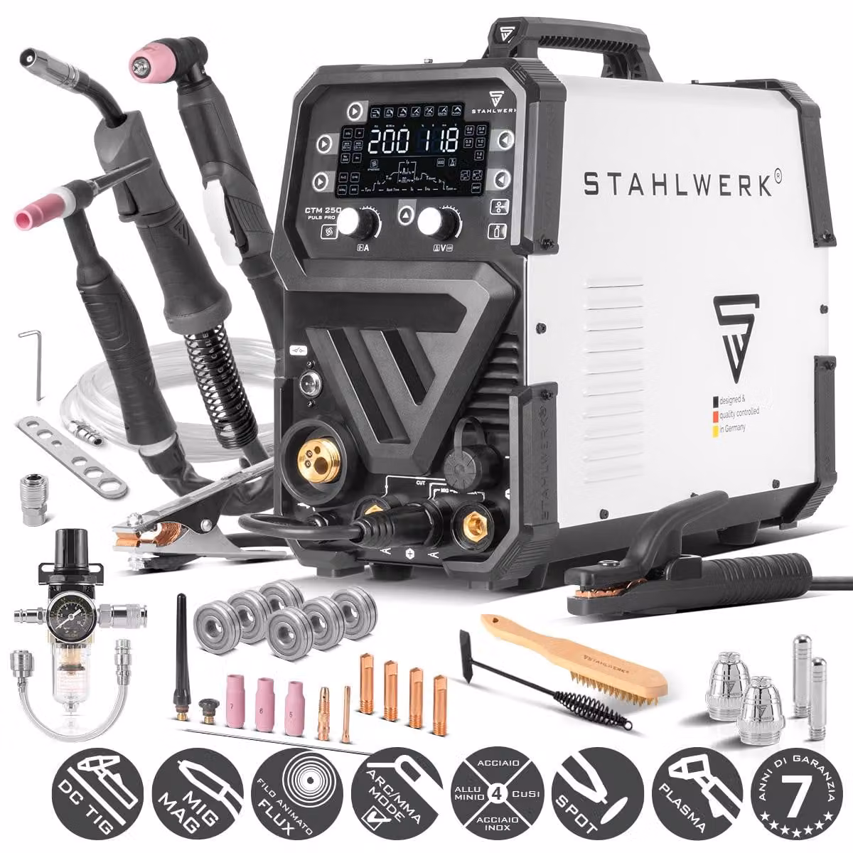 STAHLWERK Saldatrice ad arco schermato a gas 6-in-1 Combi CTM-250 Puls Pro - TIG, MIG/MAG, MMA (MMA) e FLUX fino a 200 A, tagliatore al plasma (CUT) fino a 45 A