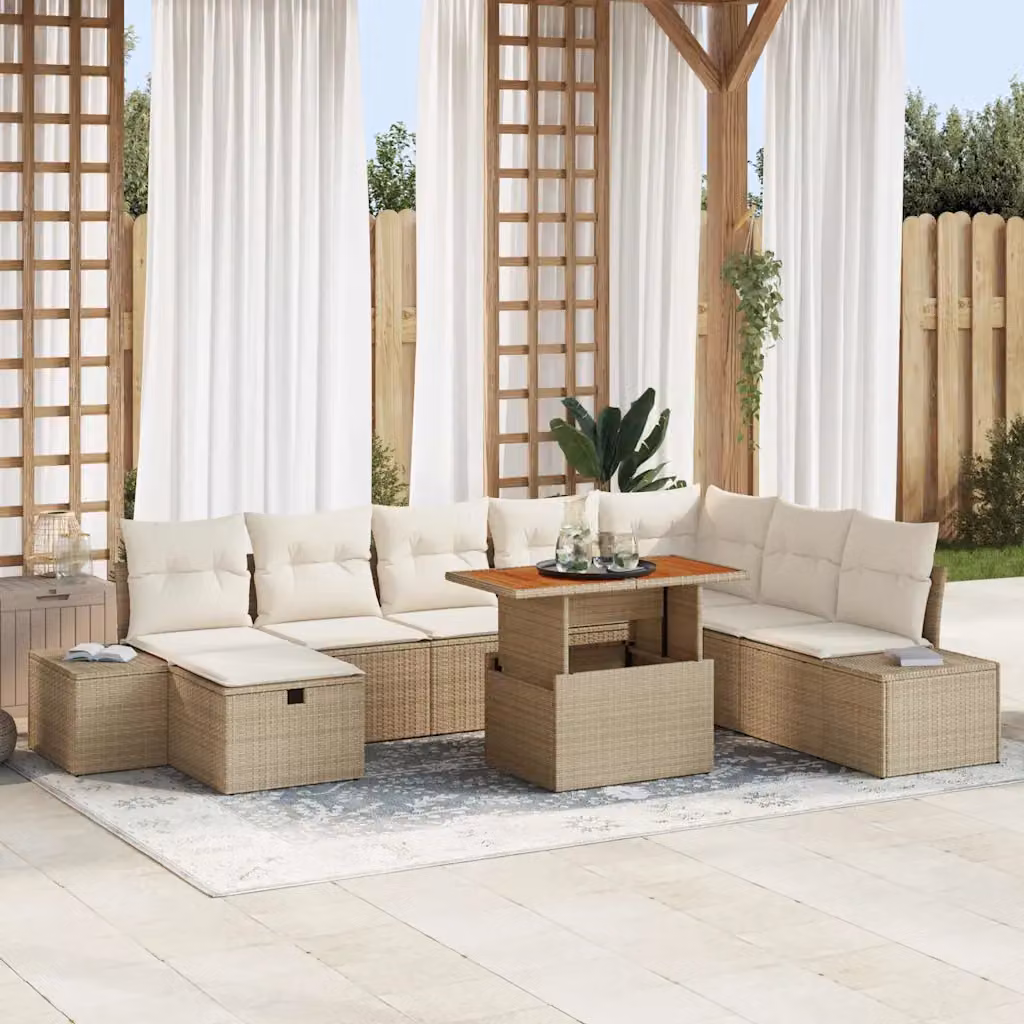Set Divano da Giardino vidaXL 9 Pezzi in Polyrattan Beige con Cuscini e Tavolino – 1