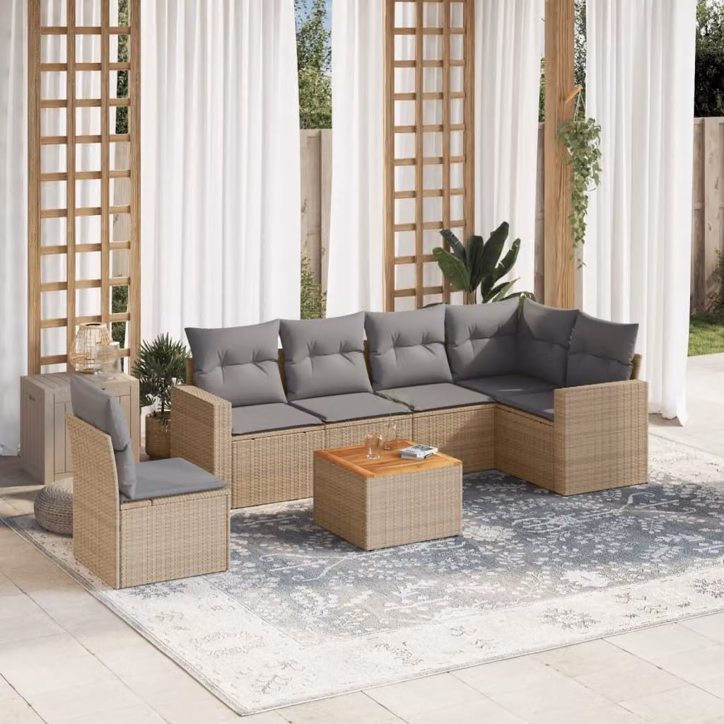vidaXL Set Divani da Giardino 7 pz a Forma a L in Polyrattan con Cuscini Beige e Tavolino da Caffè – 1