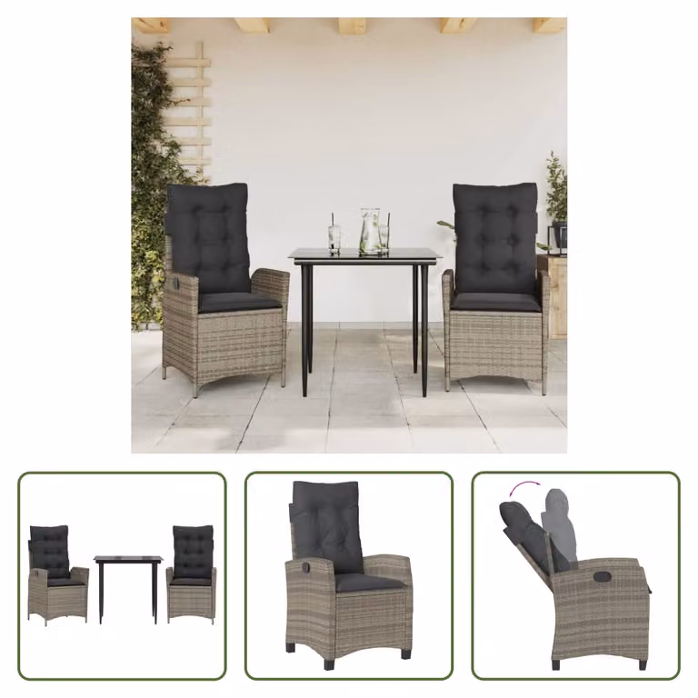 The Living Store Set da pranzo da giardino in 3 pezzi con cuscini in poly rattan grigio