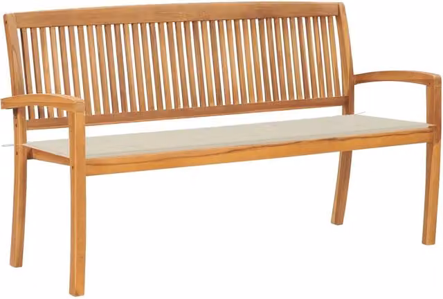 Panca da giardino in legno di teak marrone con cuscini beige, impilabile e con braccioli, Lunghezza: 159 cm