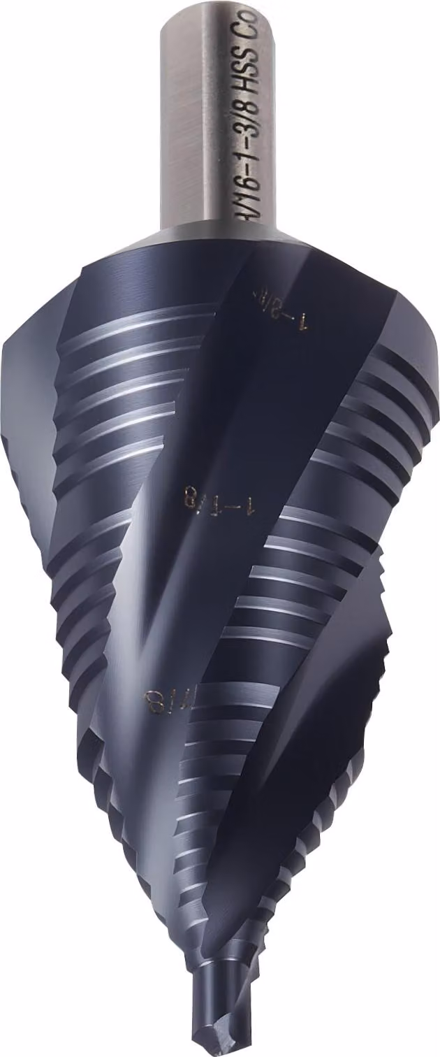 Punta a gradini SucceBuy M35 Cobalt HSS con Ø 9,52-34,93 mm, 19 gradini, 4 spirali e rivestimento TiAlN, punta conica 95 x 35 x 35 mm, adatta per metallo, acciaio inossidabile, acciaio da costruzione, legno e plastica