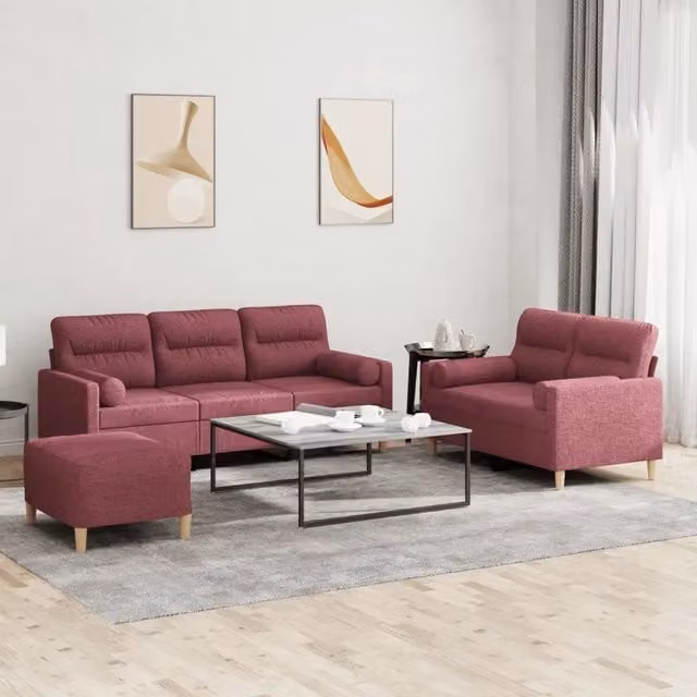 vidaXL Set di Divani 3 Pezzi Moderno in Tessuto Rosso con Cuscini e Pouf