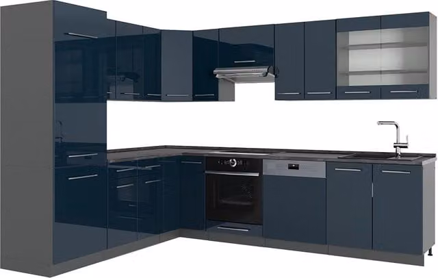 Cucina angolare moderna Vicco Fame-Line Blu scuro lucido e Antracite 287 x 227 cm – 1