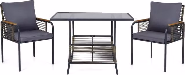 Set bistro vimini 3 pezzi rattan tavolo rettangolare sedie, Set pranzo esterni salvaspazio cuscini patio balcone veranda Grigio