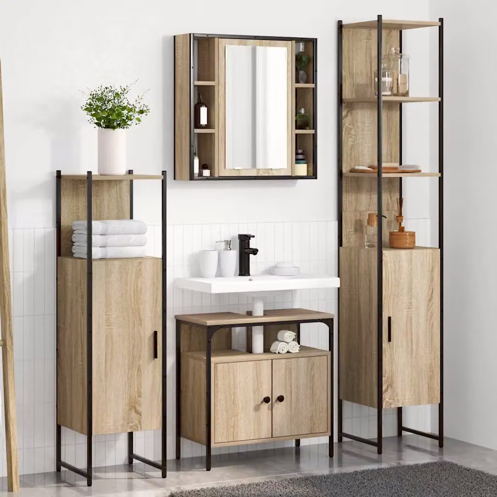 Set di mobili per il bagno moderno vidaXL composto da mobile lavabo e armadietto con specchio in legno e metallo, colore marrone, L/P/H: 62.4 x 33.0 x 33.0 cm