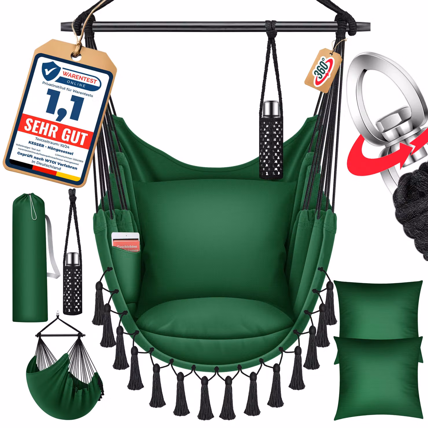Sedia a dondolo sospesa KESSER® Safari XXL, fino a 150 kg, per adulti e bambini, da interno ed esterno, inclusi 2 cuscini