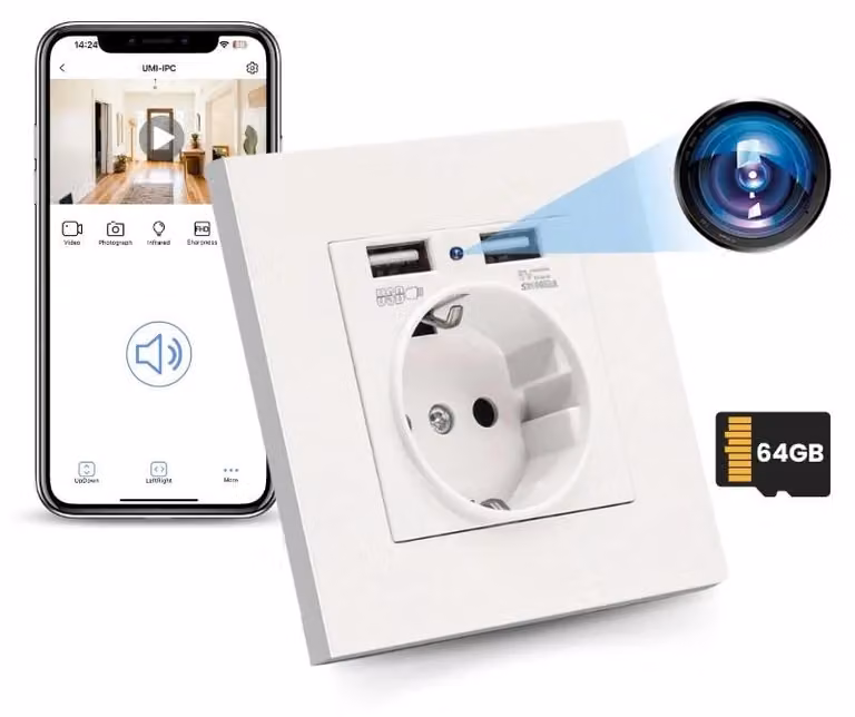 Mini Telecamera iUni PR1, Wi-Fi, 64GB, Full HD, 2 porte USB-A, Visualizzazione in diretta sul telefono