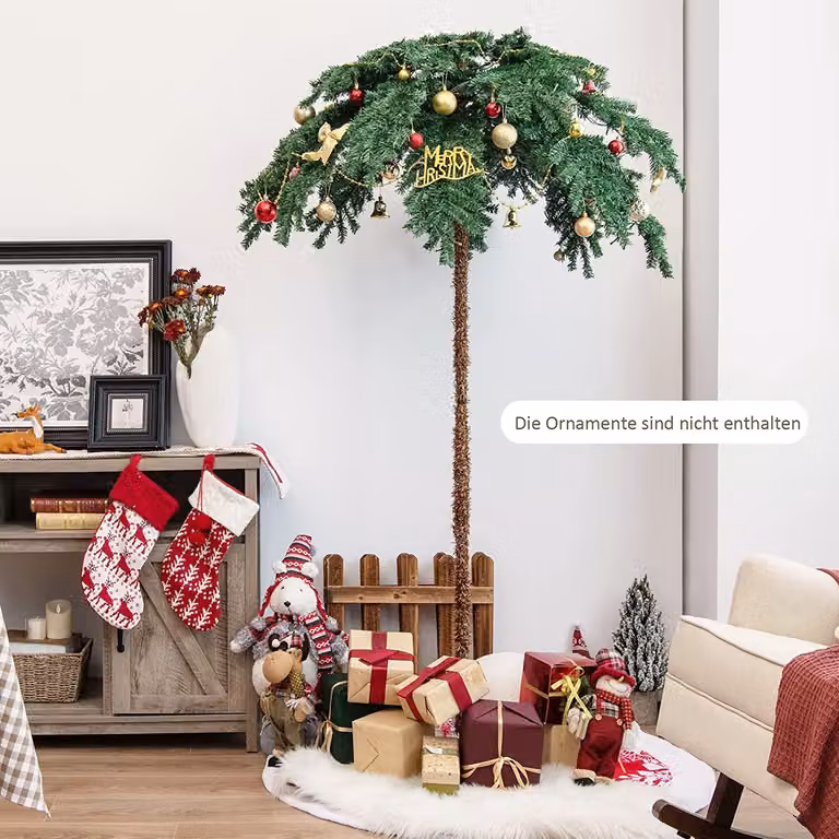 COSTWAY Albero di Natale artificiale da 180 cm, palma di Natale a LED con 813 punte di rami, 250 LED bianchi caldi, struttura incernierata e supporto, palma di Natale per veranda, casa