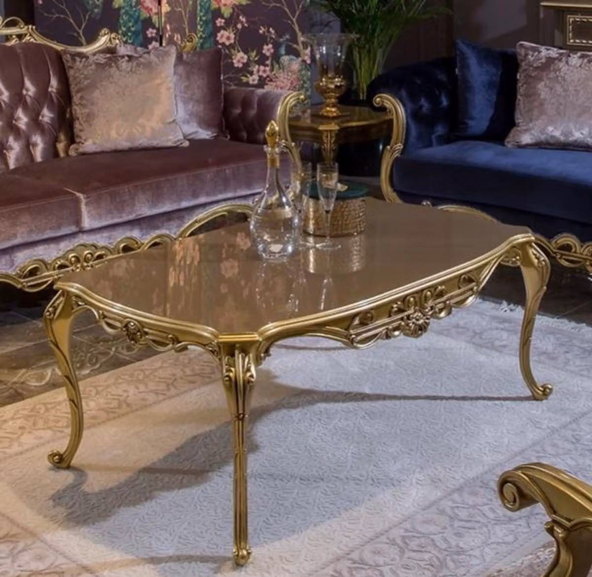 Casa Padrino tavolino barocco grigio / oro 123 x 77 x h. 52 cm - Nobile tavolino da salotto in legno massiccio in stile barocco - Magnifici mobili barocchi