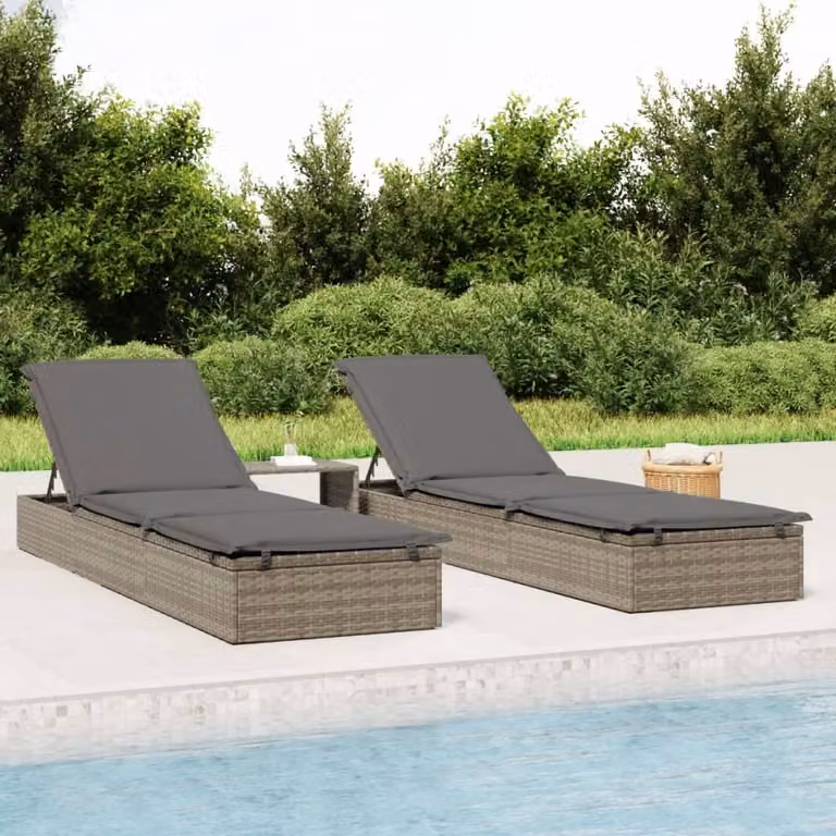vidaXL Lettino da giardino in polyrattan con cuscino grigio e poggiatesta regolabile L 201 cm, P 55 cm, H 62 cm
