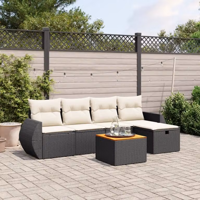 Set Divano da Giardino a L vidaXL con Cuscini, Tavolino e Pouf, Nero