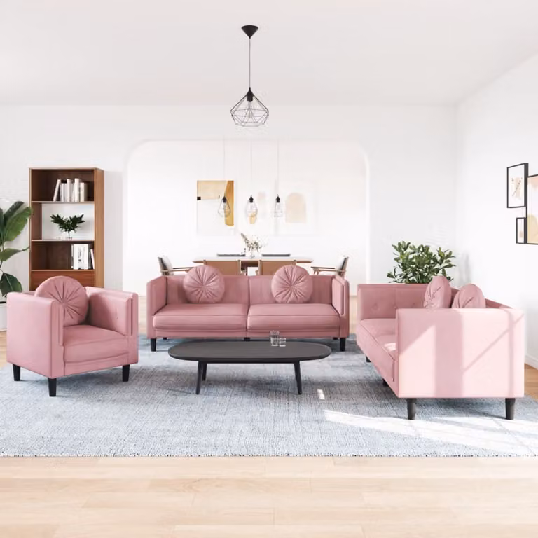 Set di divani 3 pezzi vidaXL in velluto rosa con cuscini e struttura in legno massiccio per il tuo soggiorno