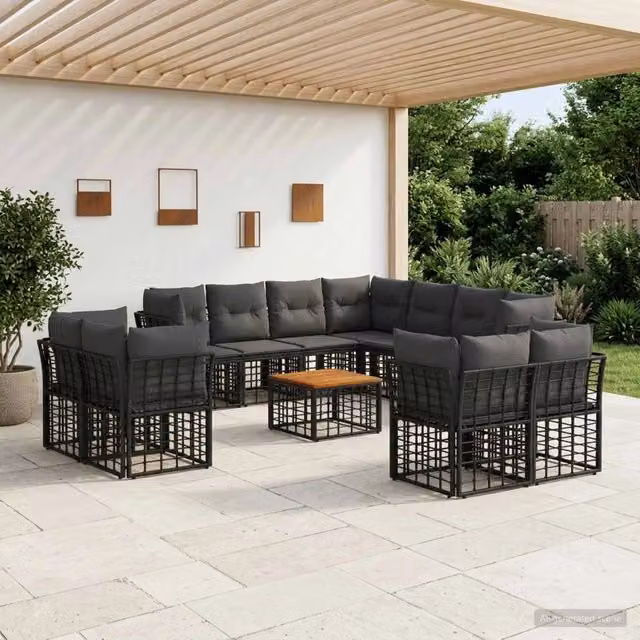 Set di divani da esterno a forma di L con tavolino da caffè vidaXL, nero e grigio, con cuscini inclusi e coperture rimovibili – 1