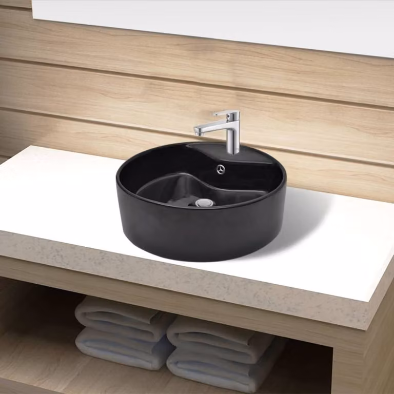 Lavabo in Vetroceramica foro rubinetto/foro sfioratore nero rotondo