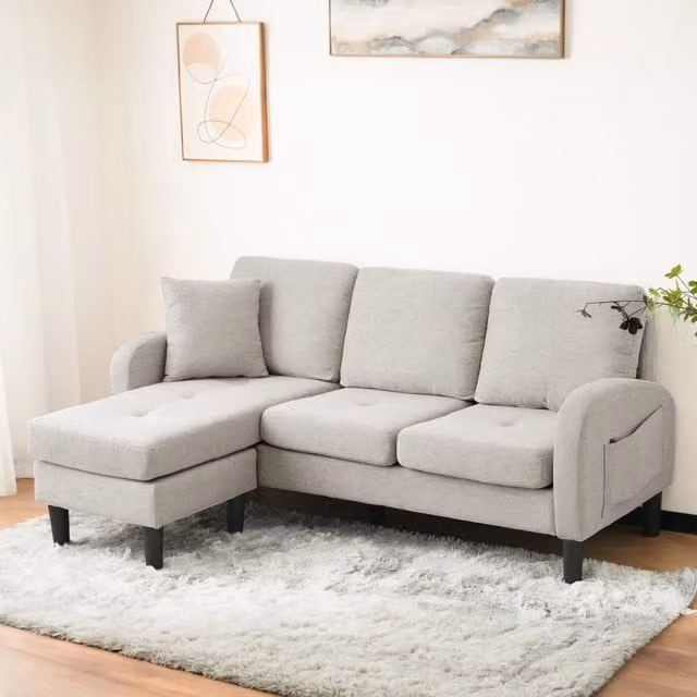 Divano angolare reversibile 3 posti con chaise longue modulare e cuscino, in cotone e lino beige grigio e bianco