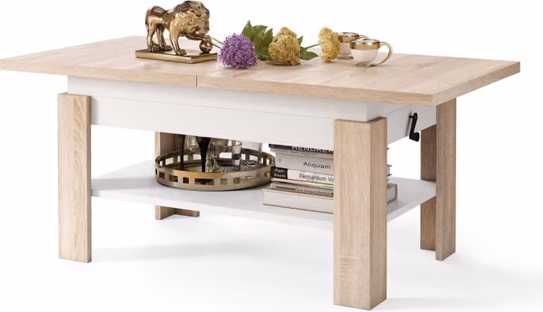 Tavolino All4All Rino, tavolino da caffè, tavolino da salotto con ripiano, tavolino da divano, allungabile fino a 170 cm, regolabile in altezza, 130x65 cm, 05, rovere Sonoma + bianco