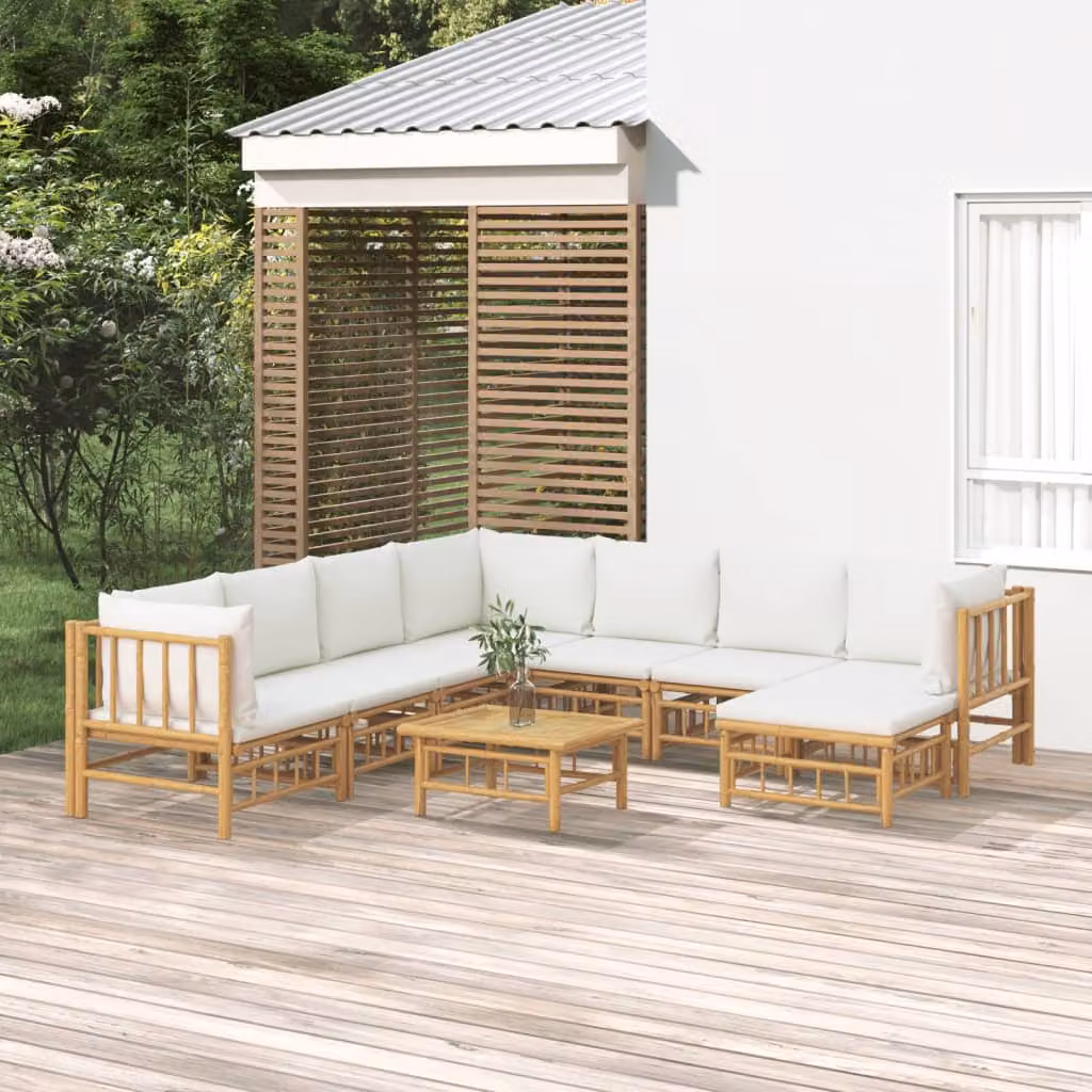 Set Salotto da Giardino vidaXL 9 Pezzi in Legno di Bambù Trattato con Cuscini Imbottiti Bianco Beige e Marrone