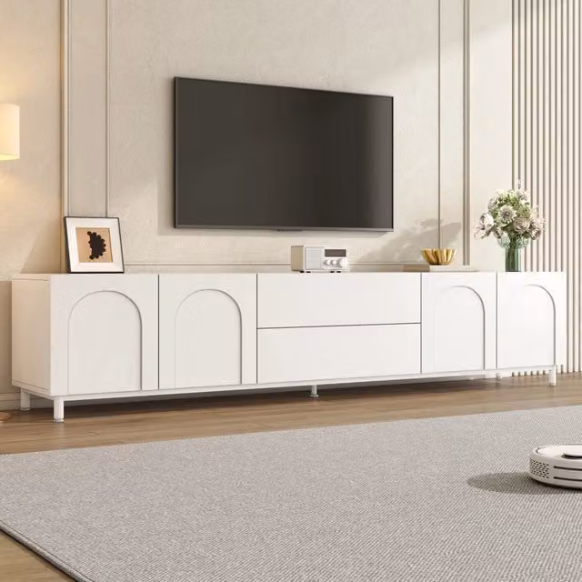 Mobile TV moderno FOLYNA bianco con quattro ante, due cassetti e passacavi in MDF e pannello truciolare, L: 180 cm, P: 40 cm, H: 48 cm