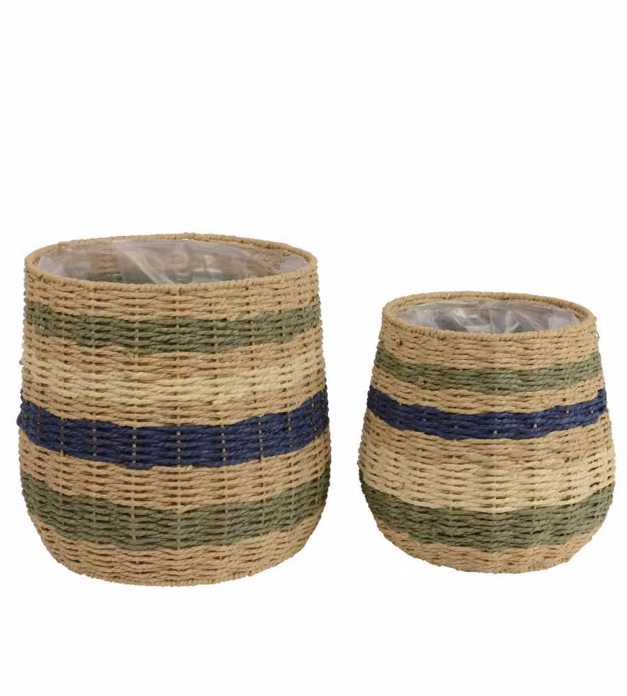 Cesta Rotonda in Corda Intrecciata Piccola 27x25 cm Righe Verde Blu