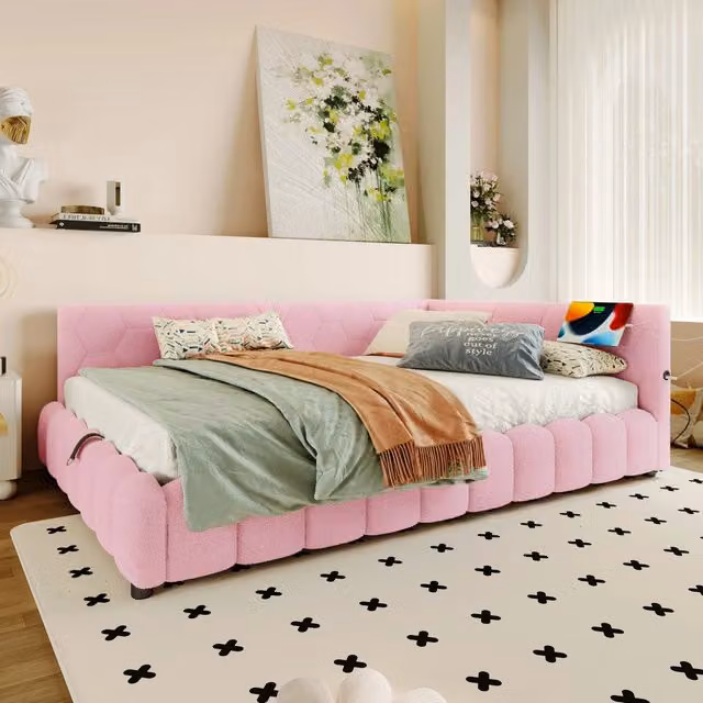 Letto da giorno 90x200 cm con rete a doghe; letto estraibile; luce e porte USB e USB C; boucl茅 e MDF; bianco