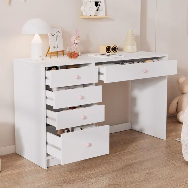 Scrivania lineare con 5 cassetti e maniglie in ceramica rosa, per cameretta e camera da letto, bianco, 120 × 45 × 74 cm
