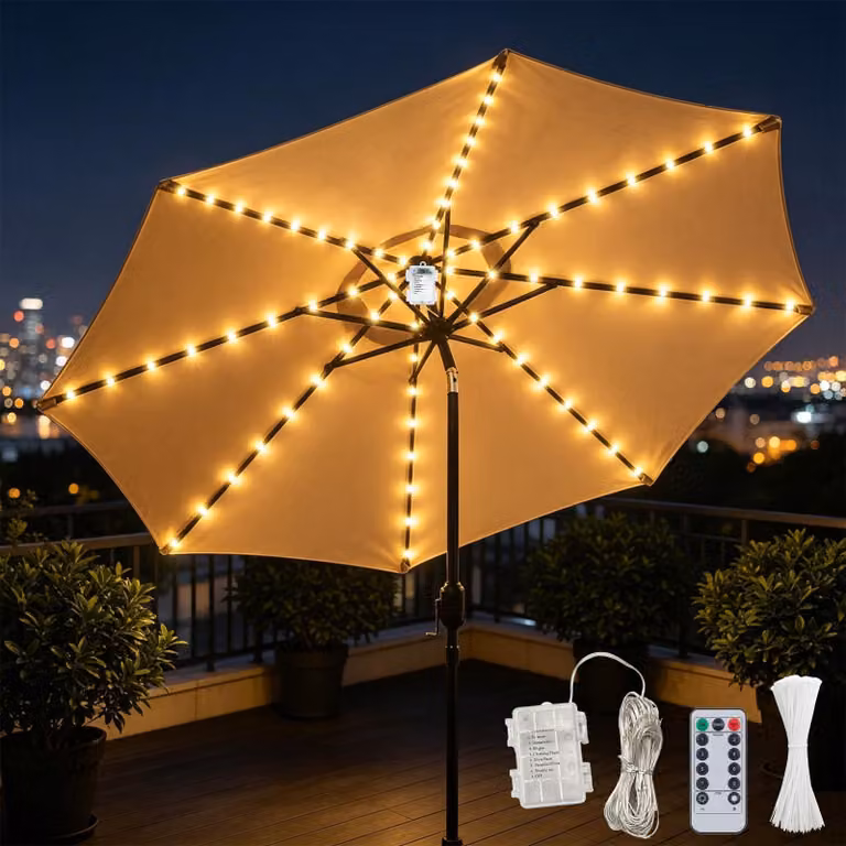 Catena luminosa a LED, 104 LED, grado di protezione IP67, 8 modalità, adatta per ombrelli di dimensioni da 1,8 a 3 metri