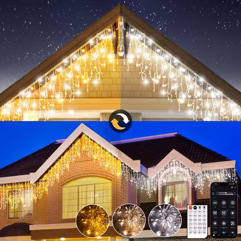 5m Tendine Luminosa LED，200 LED Luce Calda Tendine a Ghiacciolo con Telecomando e App，17 Modalità, 4 Livelli Luminosi per Natale