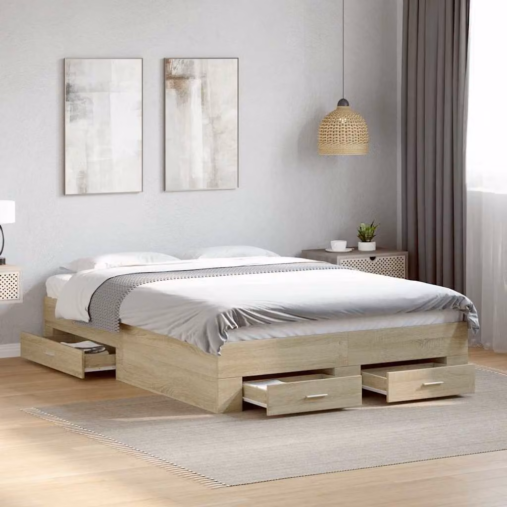 vidaXL Giroletto con Cassetti in Legno Rovere, L: 138 cm, P: 193 cm, H: 32 cm – 1
