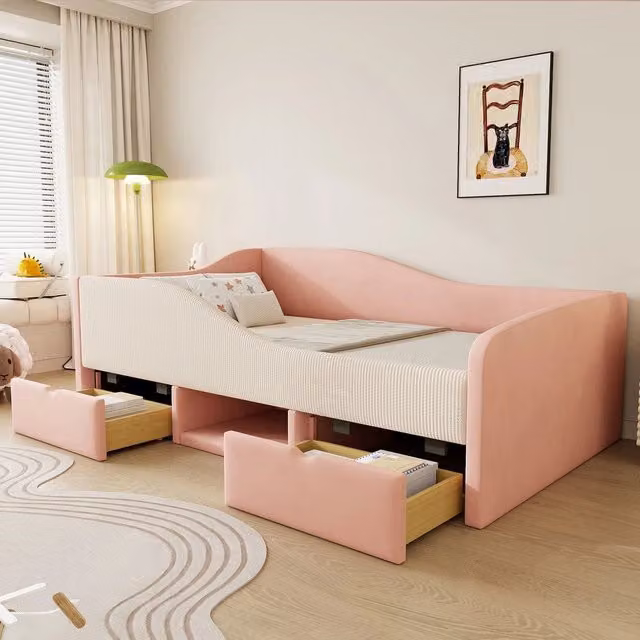 Letto imbottito singolo con cassetti ¨C Minimal ¨C Velluto rosa e crema 90x190cm