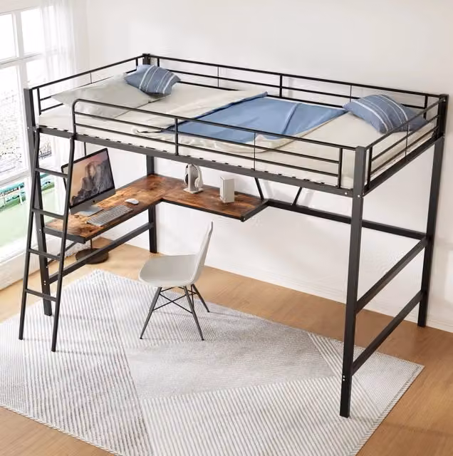 Letto a soppalco 90x200 cm nero in metallo con scrivania a L e ripiano, senza materasso