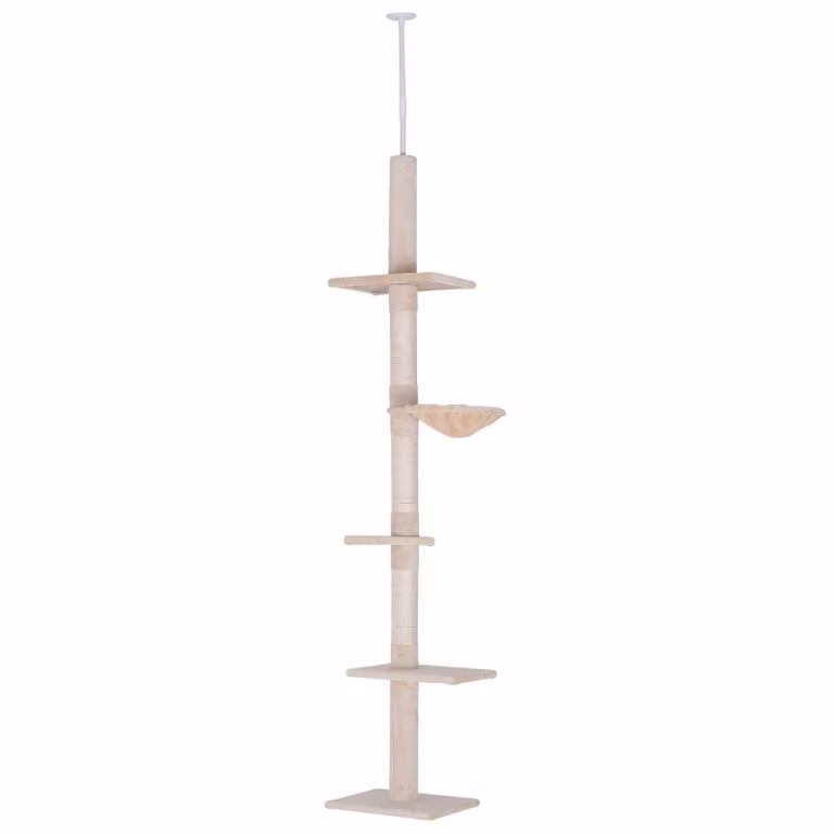 Albero per gatti Moonbite, alto fino a 230–260 cm, struttura modulare con 5 livelli, superficie in sisal per graffiare di 78 cm e rivestimento in peluche, realizzato in compensato, colore beige