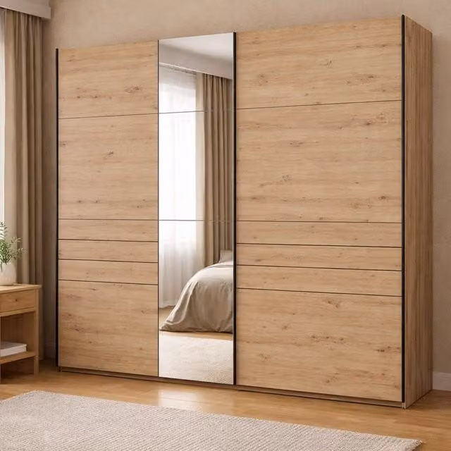 Armadio da camera da letto moderno DMORA con ante scorrevoli e specchio, colore marrone rovere, L: 245 cm, H: 217,5 cm