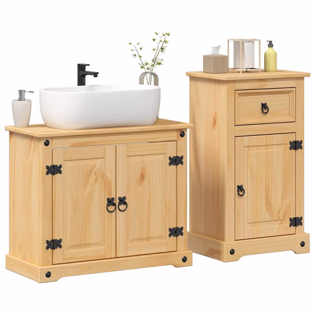 Set di mobili da bagno vidaXL Corona in legno di pino massello color marrone e beige, composto da mobile lavabo e pensile, stile rustico cerato