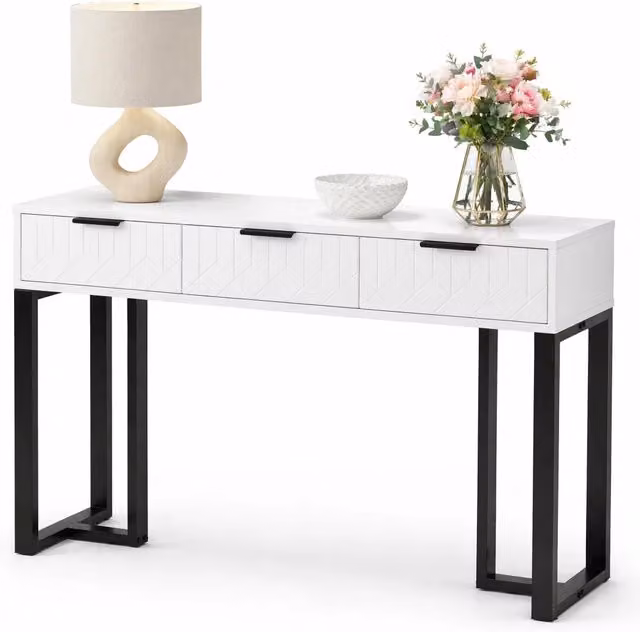 Tavolo consolle moderno REDOM con cassetti in MDF laccato Bianco, Nero e Oro
