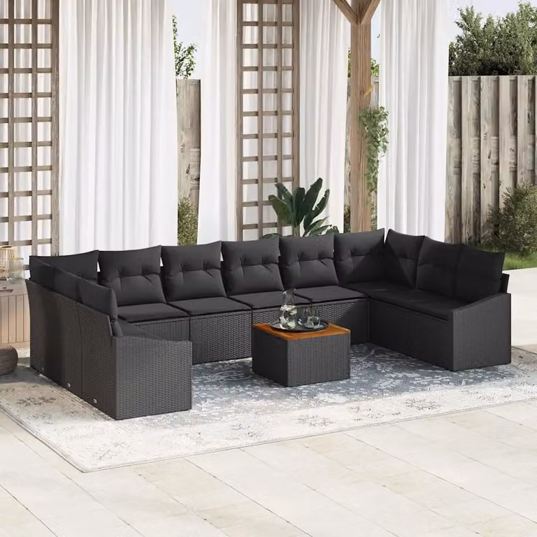 Set Divano da Giardino vidaXL a forma a U composto da 11 pezzi in Polyrattan Nero con Cuscini e Tavolino da Caffè