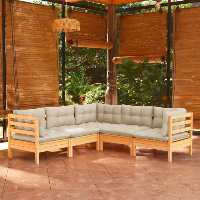 Set Divani da Giardino 5 pz con Cuscini Crema Massello di Pino 3096671