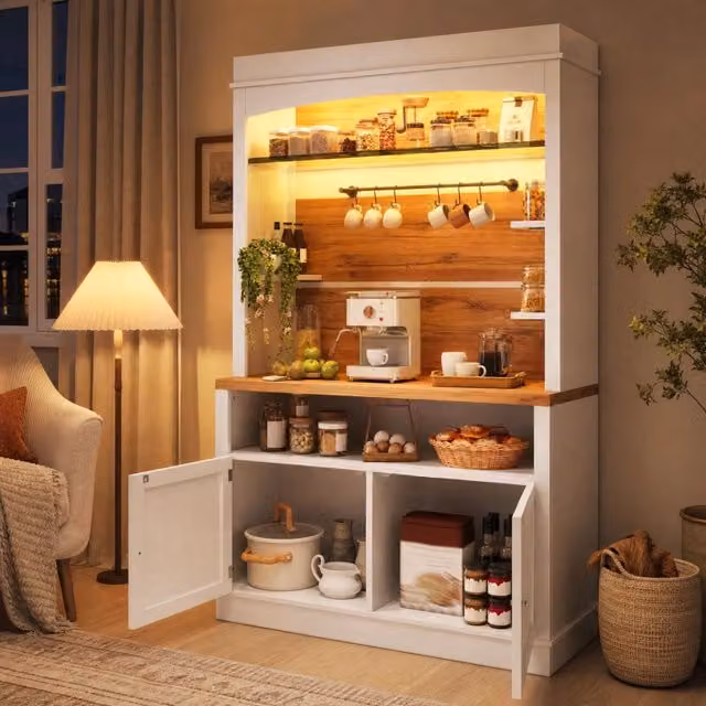 Credenza alta con LED RGB, ripiano in vetro, 6 ganci e vano chiuso, per cucina e sala da pranzo, 107 × 34 × 184 cm