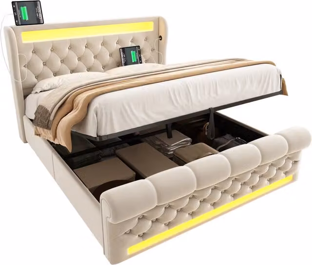 Letto contenitore 140x190 cm imbottito in velluto beige con LED, testiera con USB e Type-C, vano con apertura idraulica e design elegante per camera