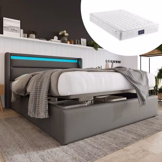 Letto contenitore idraulico imbottito con LED ¨C Minimal ¨C Grigio 140x200cm con materasso
