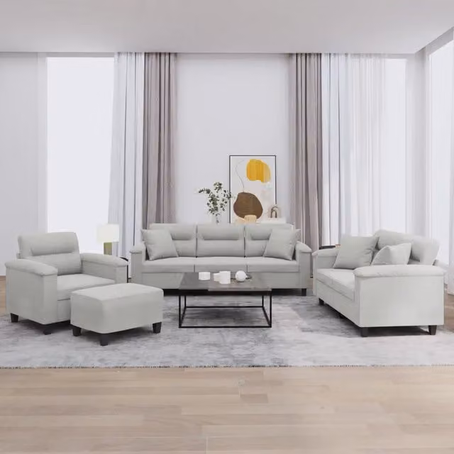 Set di 4 divani vidaXL in microfibra grigio chiaro con cuscini per soggiorno in stile moderno – 1