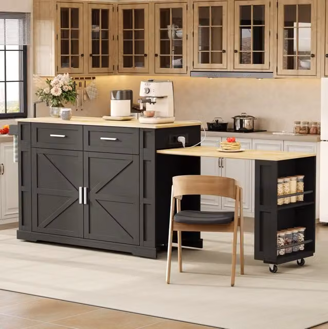 Isola cucina mobile con piano estraibile 130/205x50x93 cm in MDF nero e naturale