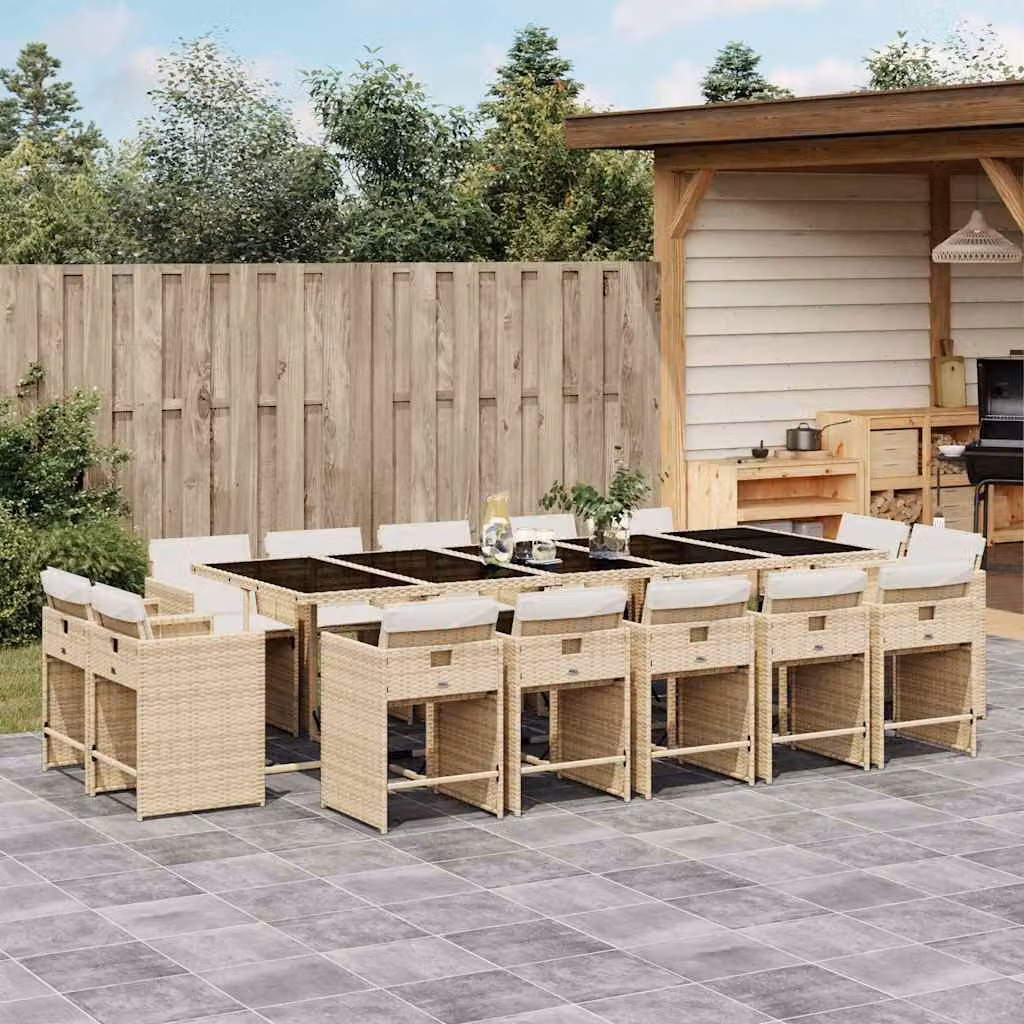 Set da pranzo da giardino vidaXL in polyrattan con cuscini beige e piano in vetro per terrazzo o giardino, 15 pezzi – 1