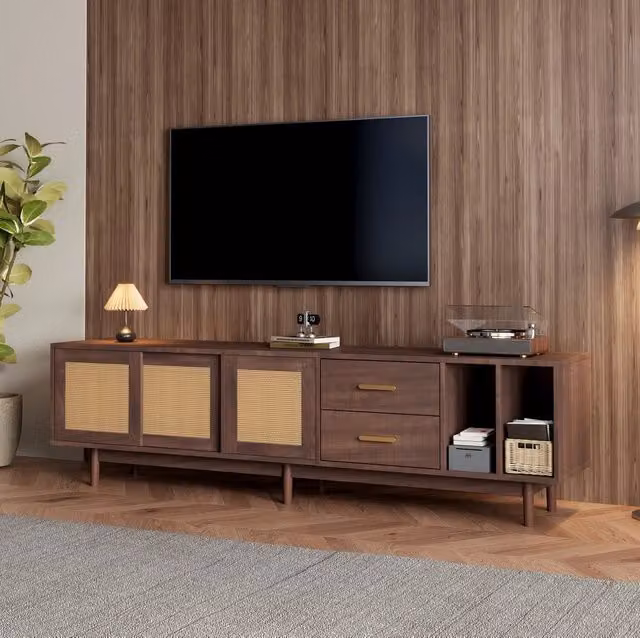 Mobile TV 190x40x52 cm in MDF marrone con ante effetto rattan e 2 cassetti