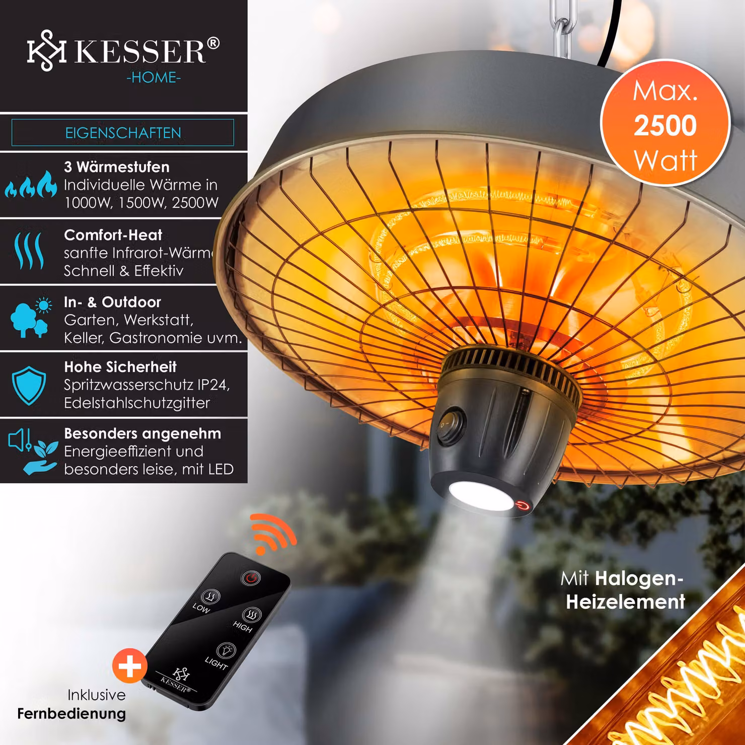 KESSER® Riscaldatore da soffitto a infrarossi a fungo da 2500 W per terrazze con telecomando | Riscaldatore al quarzo | Luce a LED | Da soffitto | Riscaldatore a infrarossi | Con catena + moschettone | Elemento riscaldante in carbonio