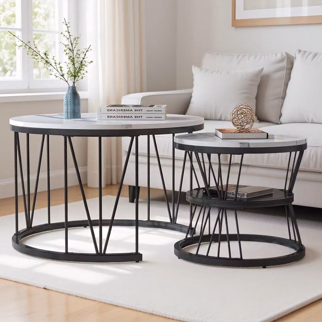 Set di tavolini rotondi (confezione da 2), tavolini da salotto con spazio contenitivo, aspetto marmorizzato e struttura in metallo, tavolini ausiliari, adatti per soggiorno, balcone, colore bianco e nero