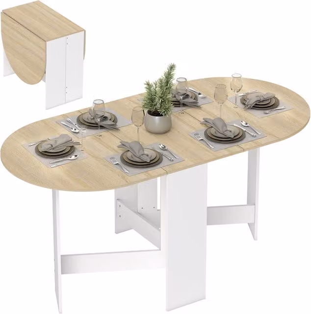Tavolo da cucina e ufficio Zephmum moderno con piano ovale estensibile e pieghevole, finitura opaca in legno e bianco, L: 163 cm, P: 80 cm, H: 75 cm