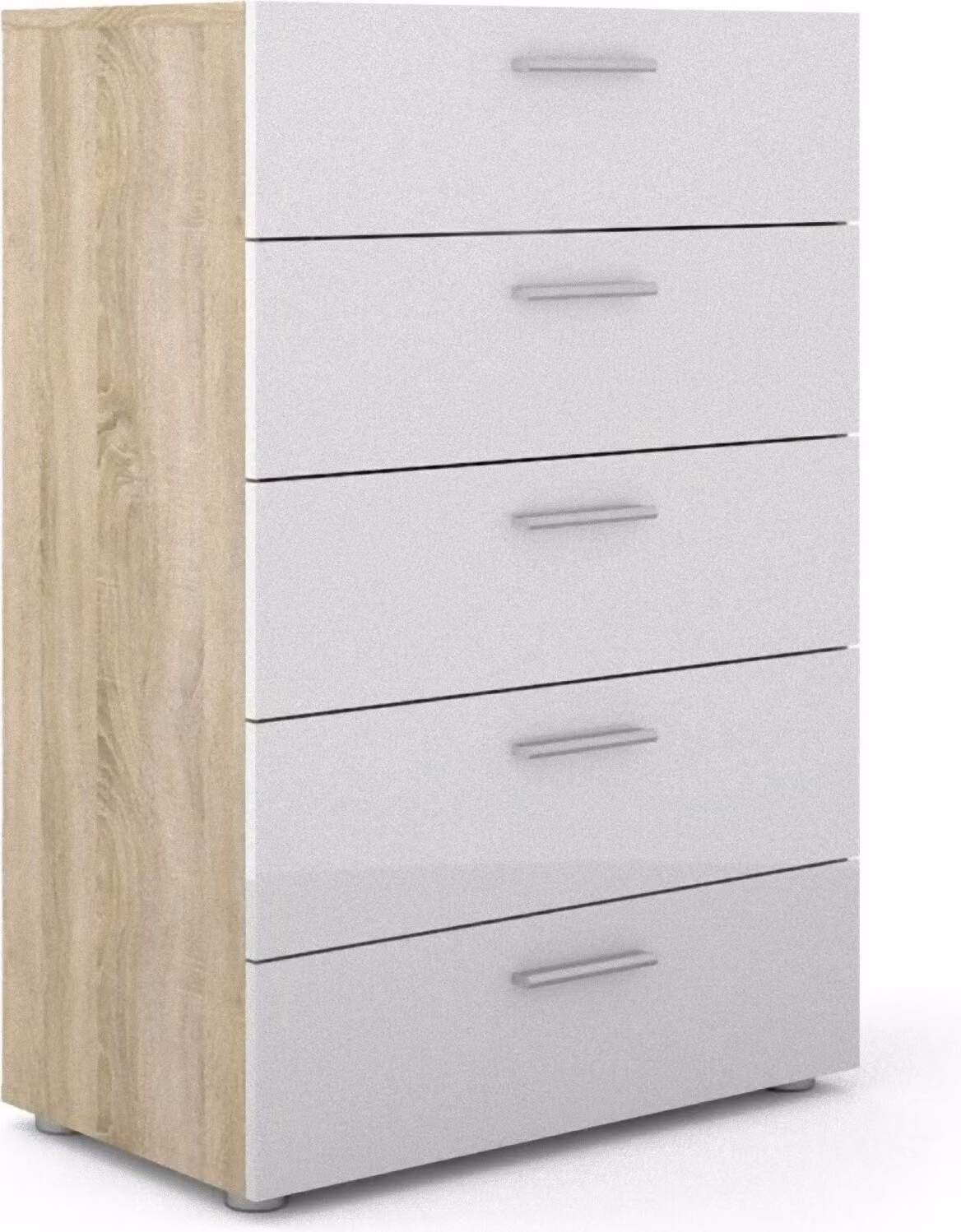 Cassettiera Petra a 5 cassetti con struttura in rovere e decori in bianco lucido.