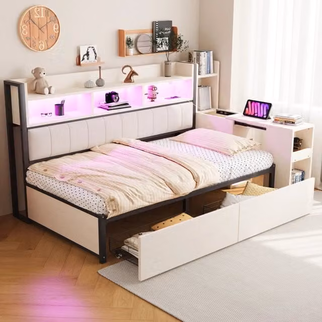 Letto divano singolo 90 × 200 cm con scrivania estraibile, prese integrate, cassetti e vani, senza materasso, bianco