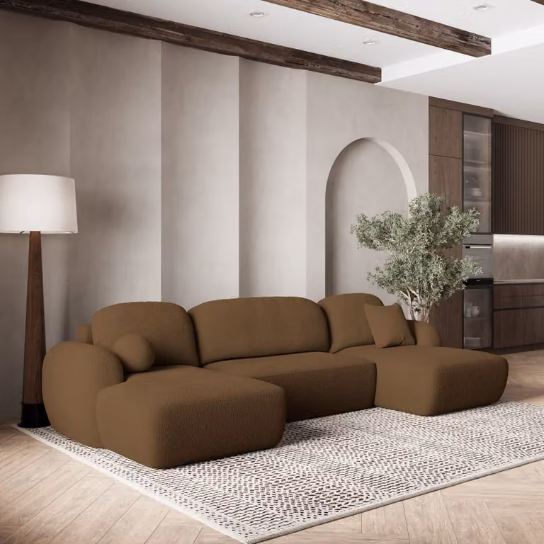 Divano angolare SAVONA N di Masseno con funzione letto a U, divano con box letto, divano da salotto, divano, divano letto, set di divani - marrone, ORA O MAI PIÙ 56